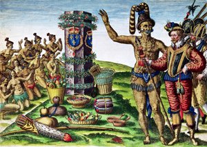 Rene Goulaine de Laudonniere (c.1529-82) और रिबॉल्ट के कॉलम के सामने चीफ एथोर, &39;ब्रेविस नराटियो ...&39; से, थियोडोर डी ब्राय (1528-98) द्वारा उत्कीर्ण